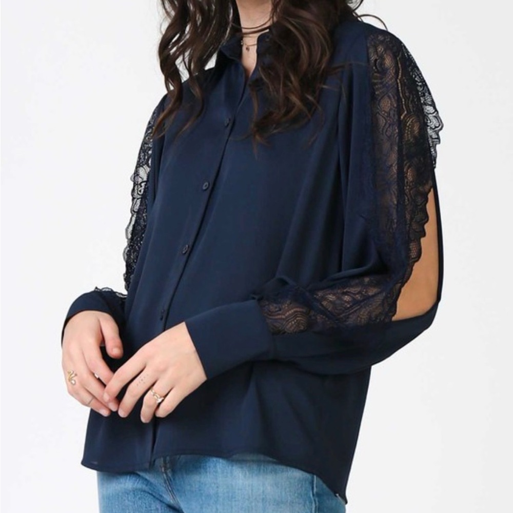 Current Air Navy Lace Sleeve Button-Front Blouse